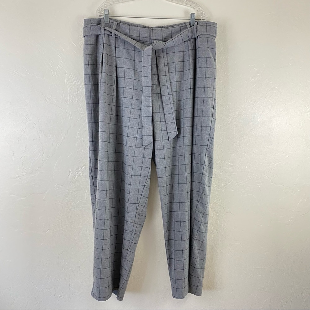 Eloquii Size 20 Grey Black Plaid Belted High Waisted Straight Leg Trouser Pant